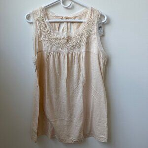 LOFT Cream Tank w/ Beautiful Embroidery, Sheer Trim, & Back Tie, Size L - NWT